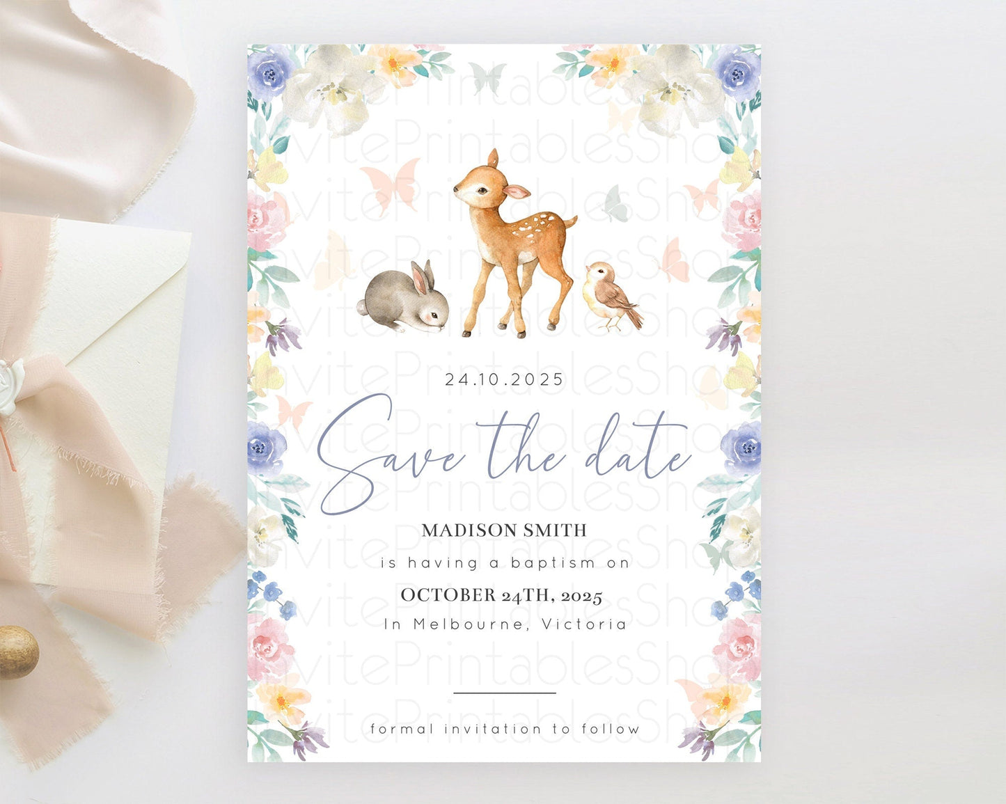 Fawn Deer Save The Date Template Pastel Floral Deer Enchanted Forest Butterfly Party 1st Birthday Baptism Baby Shower Bridal Shower D10930