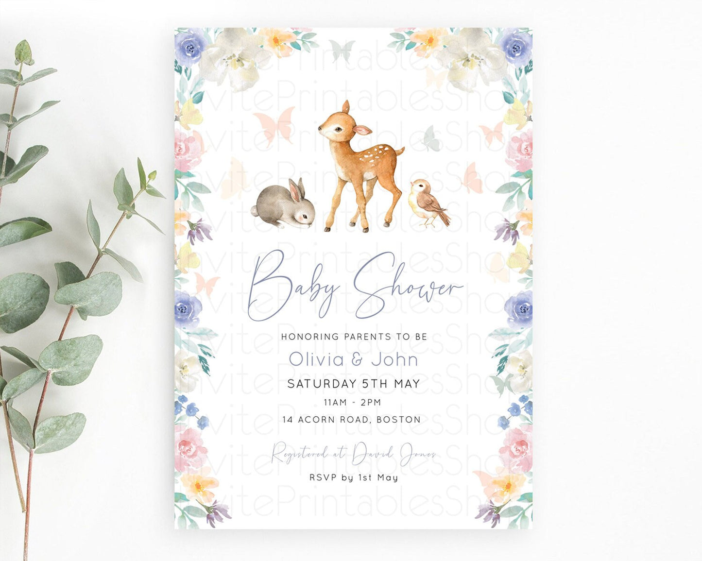 Enchanted Forest Baby Shower Invitation: Fawn, Bunny, Deer, Butterfly, Pastel Flowers, Whimsical Woodland, Pink, Blue, White Floral D10930