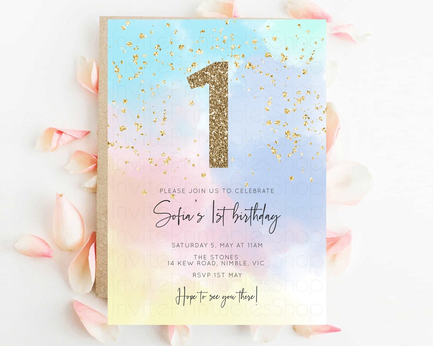 Rainbow Birthday Invitation Pastel Clouds Invitation Rainbow Sky Invite Colorful Watercolor Invite Glitter Sprinkle Invite 1st 2nd 3rd 446