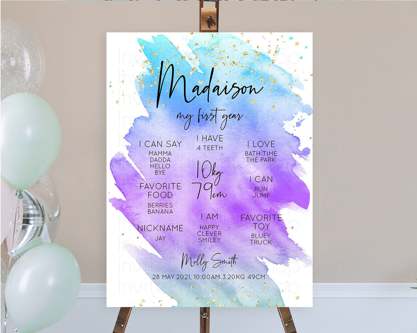 Pastel First Birthday Milestone Board Pastel Rainbow Milestone Poster Colorful Confetti Watercolor Glitter 1st Birthday Welcome Sign D10491