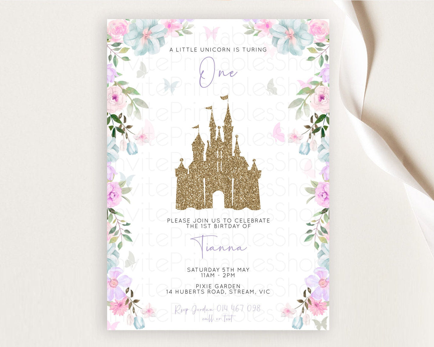 Princess Birthday Invitation Castle Invitation Royal Birthday Fairy Tale Enchanted Castle Pastel Floral Garden 1st First Birthday D10470