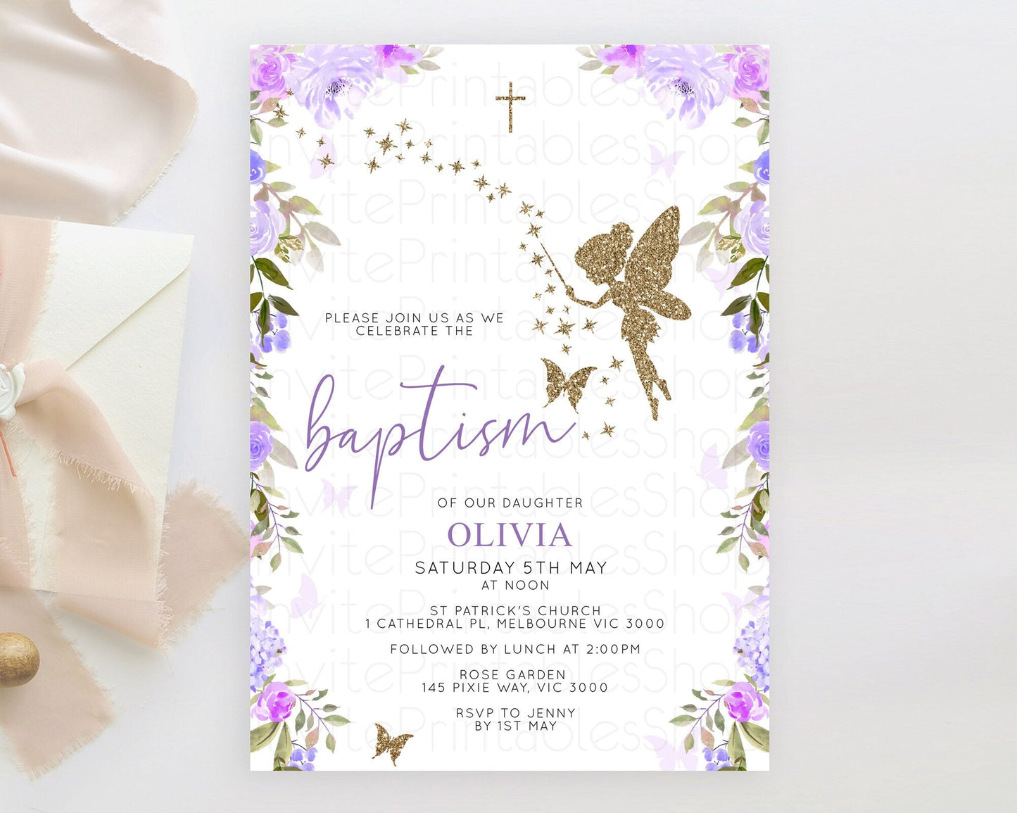 Fairy Baptism Invitation Fairy Baptism 1st Birthday Invitation Enchanted Secret Garden Christening Invite Pastel Floral Butterfly D10910