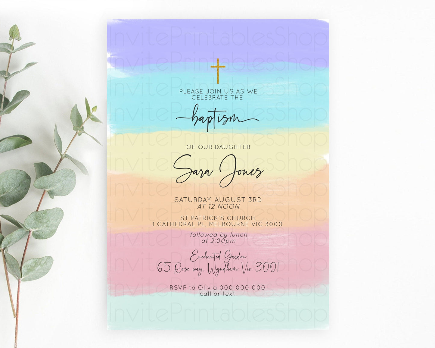 Pastel Baptism Invitation Pastel Colors Watercolor Baptism 1st Birthday Party Gold Ombre Pastel Rainbow Christening Holy Communion D10510