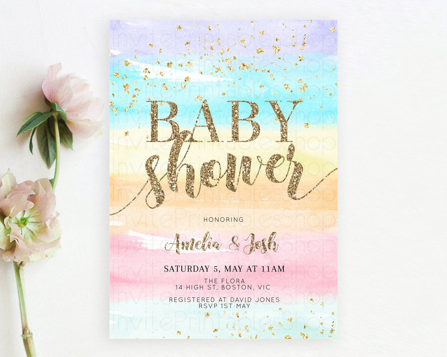 Pastel Baby Shower Invitation Rainbow Baby Shower Invitation Colorful Pastel Watercolor Invitation Gold Glitter Sprinkles Ombre D10508