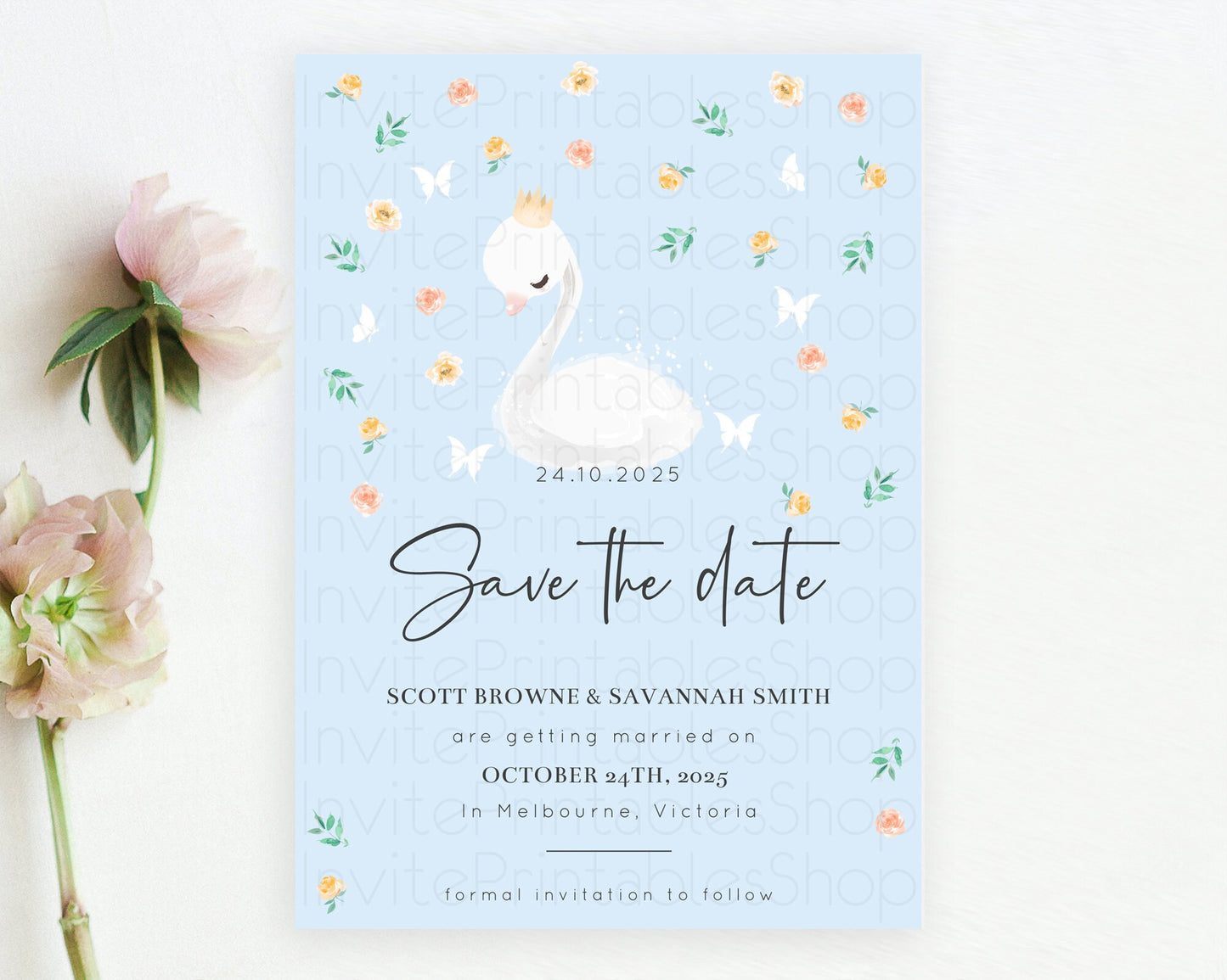 Swan Save The Date Template Swan Princess Ballet Party Enchanted Swan Lake Secret Garden Pastel Floral Birthday Baptism Baby Shower  D10903