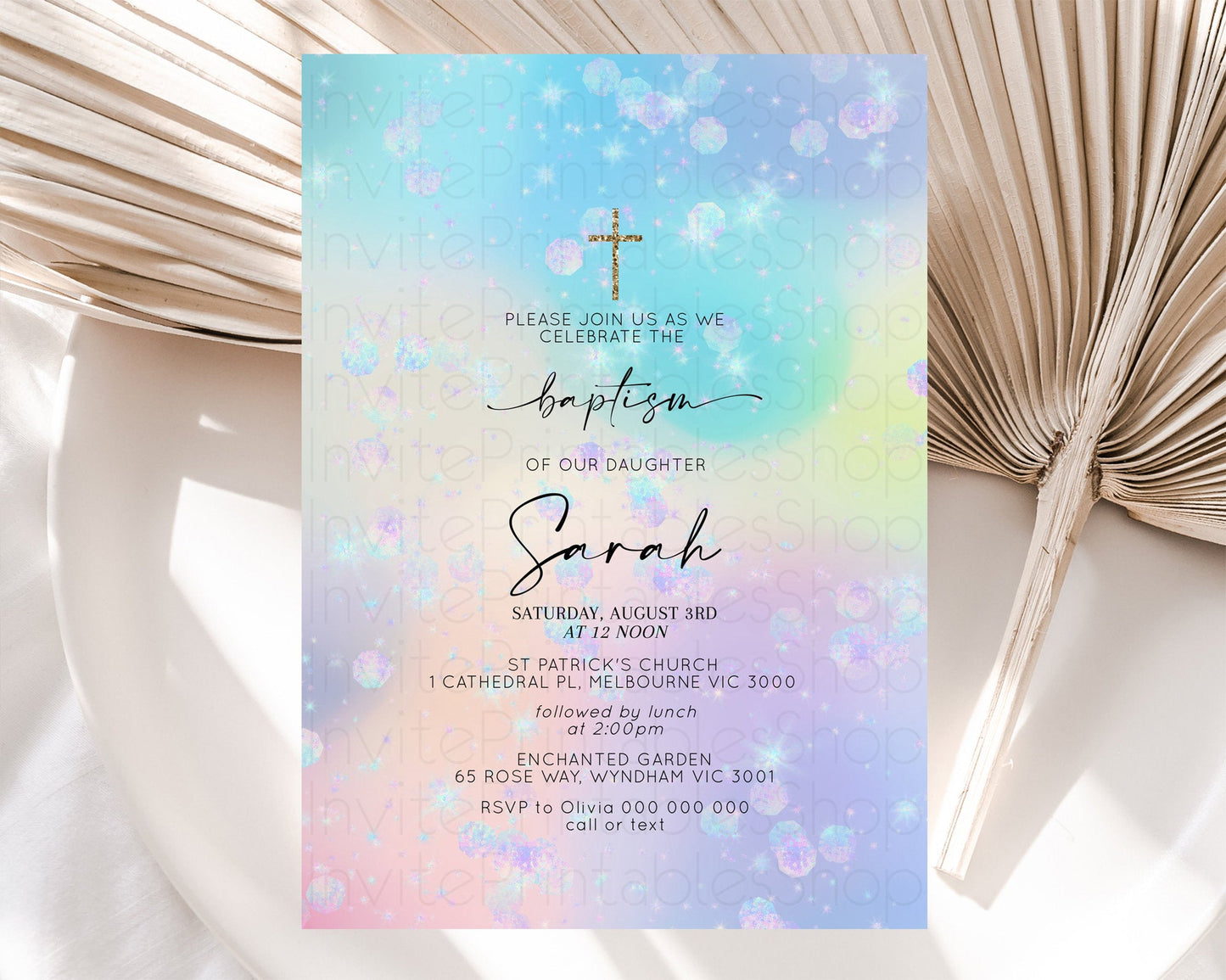 Rainbow Baptism Invitation Colorful Pastel Watercolor Baptism 1st Birthday Invitation Iridescent Glitter Sprinkles Ombre Christening D10665