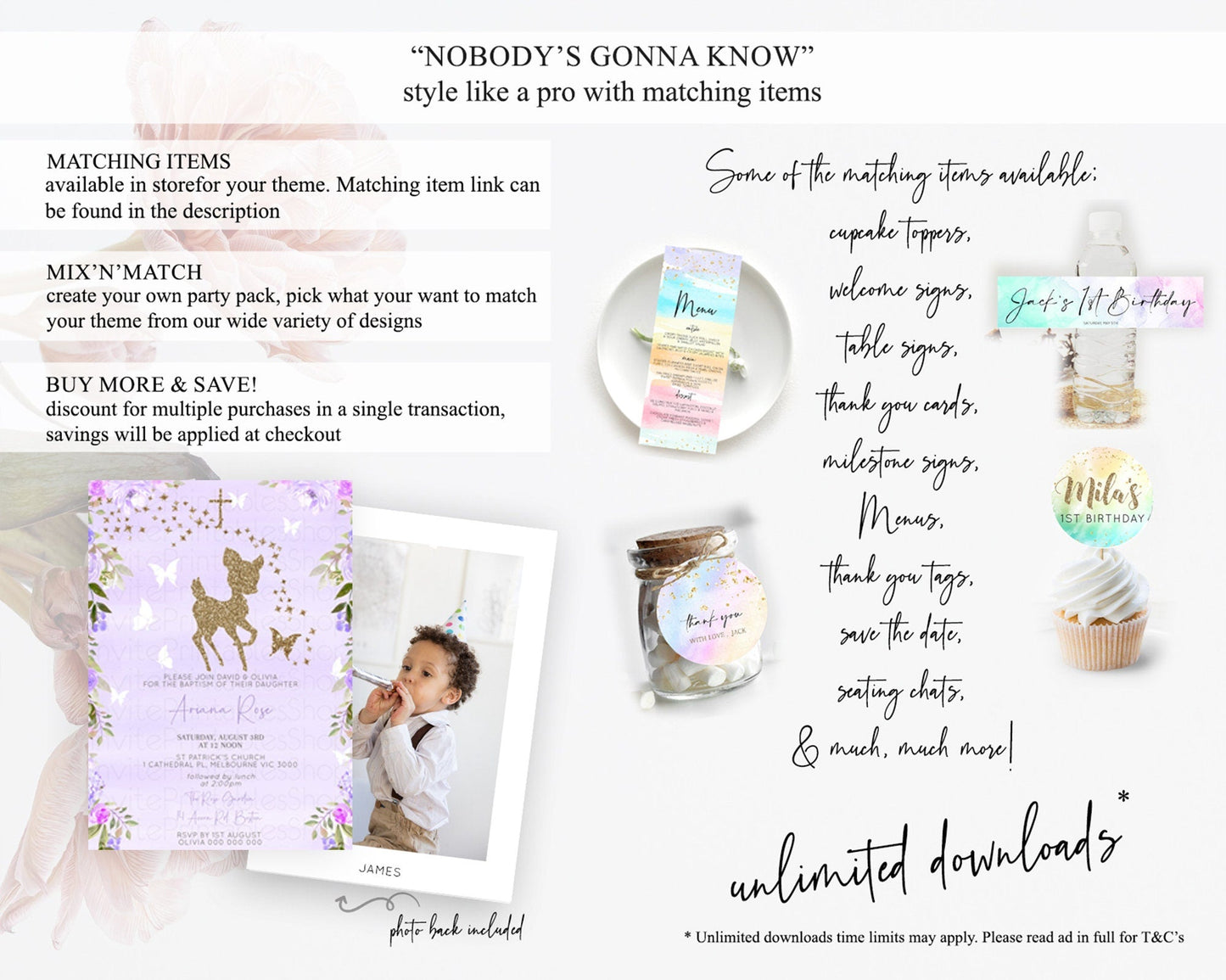 Fawn Baptism Invitation Deer Baptism 1st Birthday Invitation Enchanted Forest Christening Invitation Pastel Garden Butterfly Floral D10963