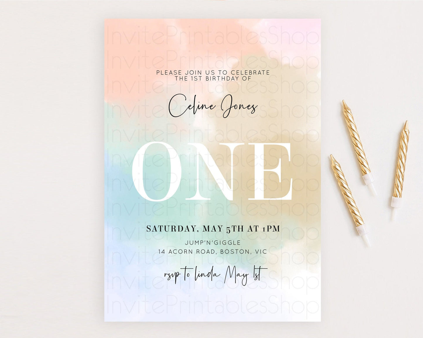 Rainbow Birthday Invitation Colorful Pastel Watercolor Invitation Gold Glitter Sprinkles Ombre Pastel 1st 2nd 3rd Birthday D10370