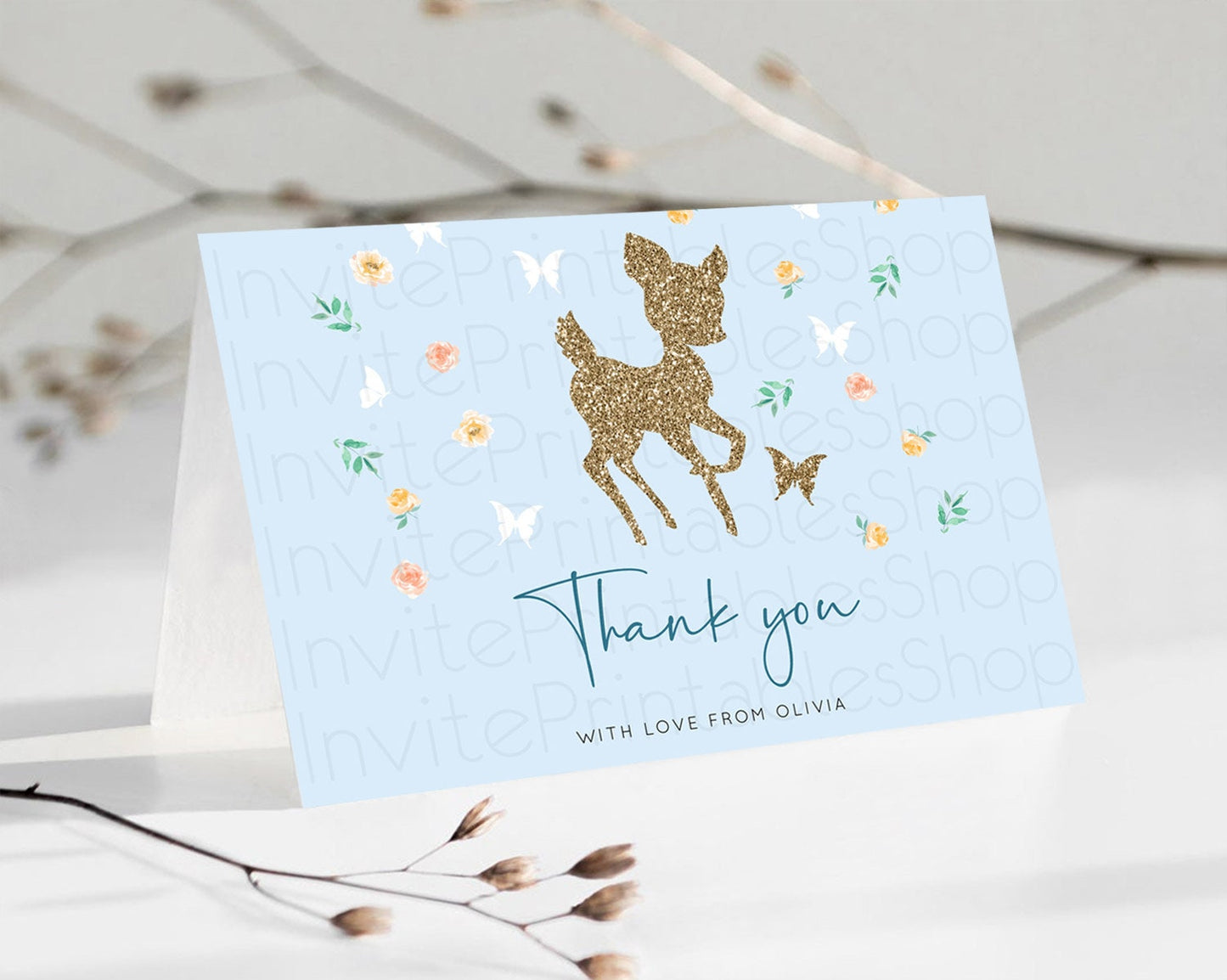 Fawn Thank You Deer Thank You Card Pastel Floral Deer Birthday Thank You Card Enchanted Forest Butterfly Deer Teacher Thank You Card D10902