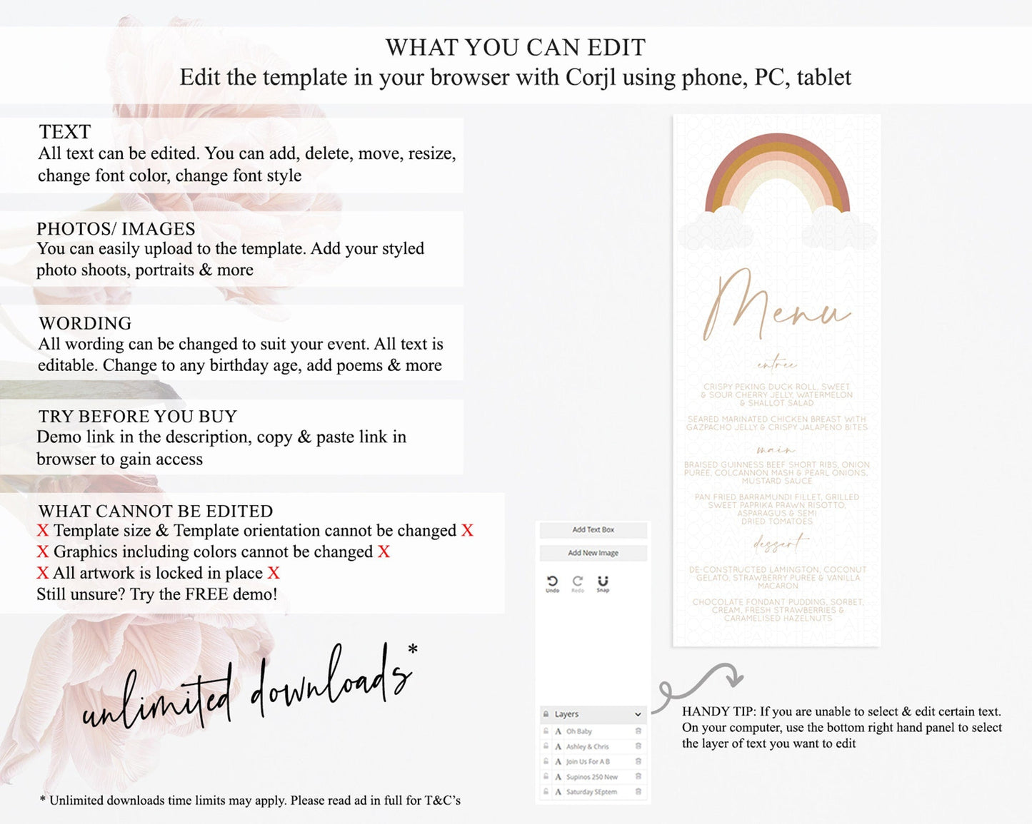 Pastel Rainbow Menu Boho Rainbow Menu Template Rainbow Boho Table Decor Pastel Rainbow Dinner Dessert Menu Rainbow Party Food Menu D10122