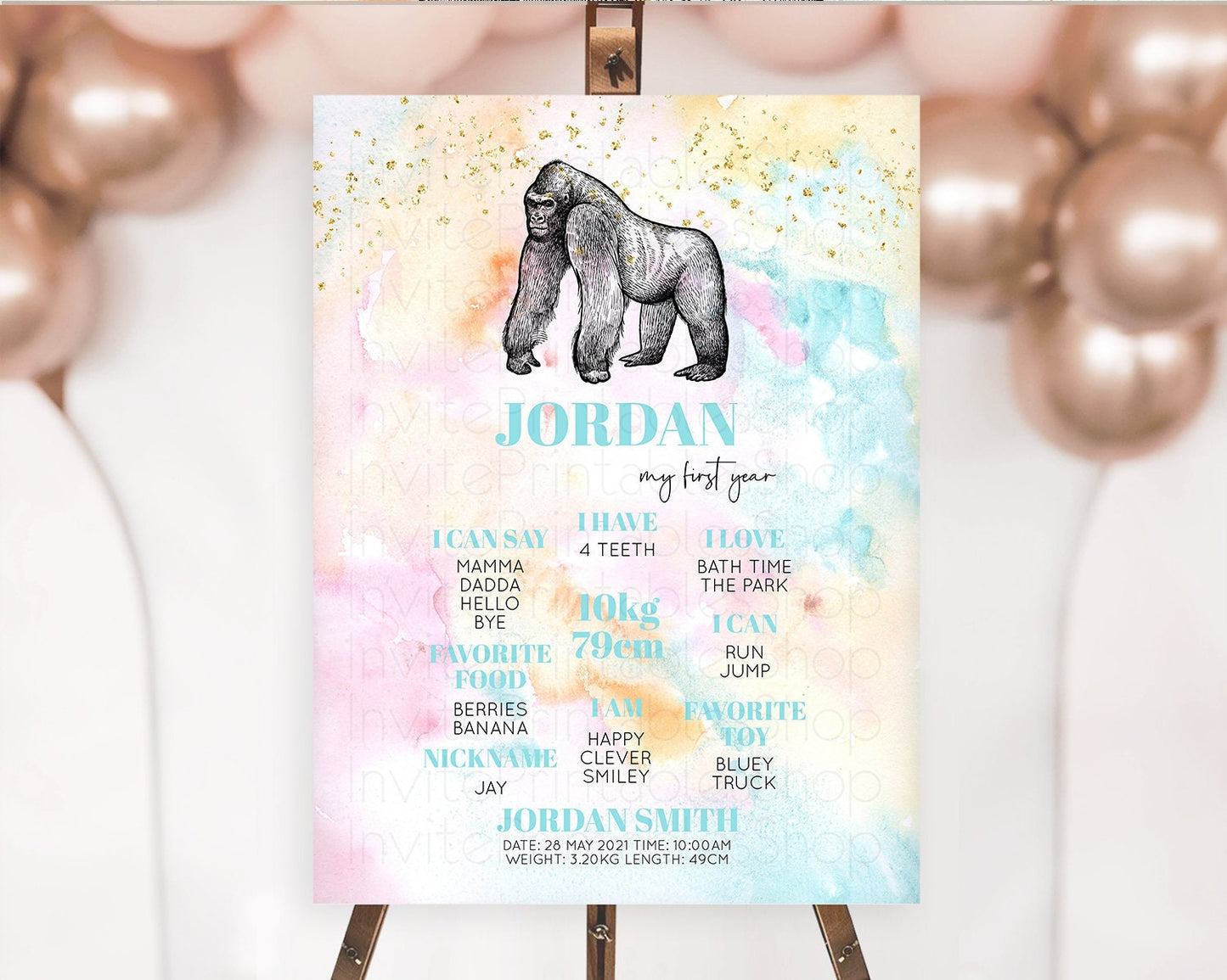 Pastel Gorilla First Birthday Milestone Board Gorilla Milestone Poster Colorful Rainbow Pastel Watercolor 1st Birthday Welcome Sign D10284
