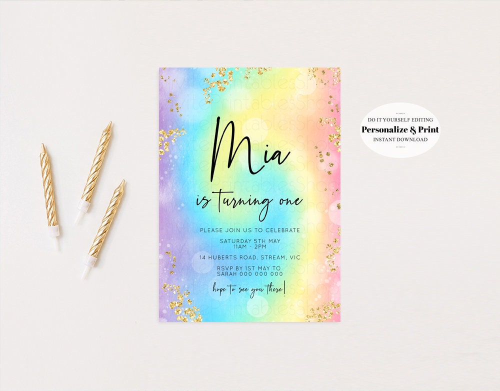 Editable Mermaid Rainbow Birthday Invitation Pastel Birthday Invitation Ombr