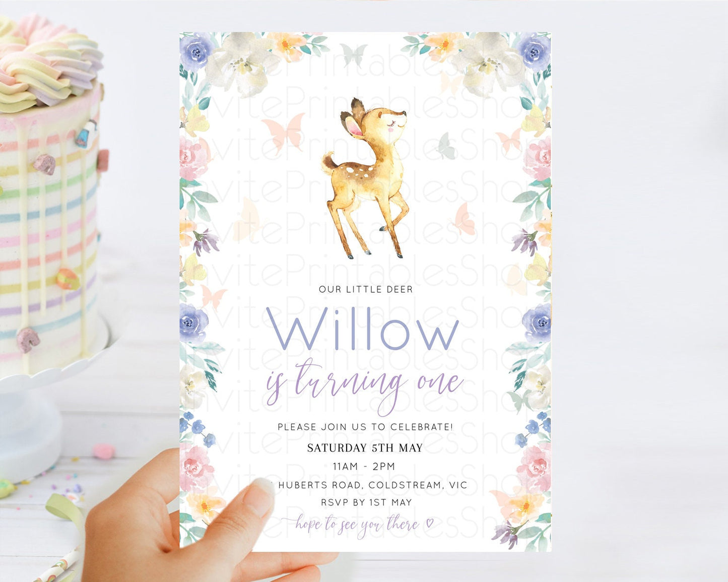 Fawn Birthday Invitation Deer Birthday Invitation Enchanted Forest Party Butterfly Pastel Flowers Whimsical 2nd 1st First Birthday D10965