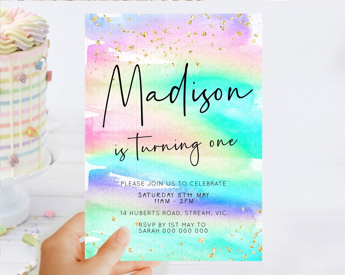 Pastel Birthday Invitation Ombre Watercolor Birthday Invitation Glitter Rainbow Color Splash 1st 2nd 3rd Birthday Invitation D23030