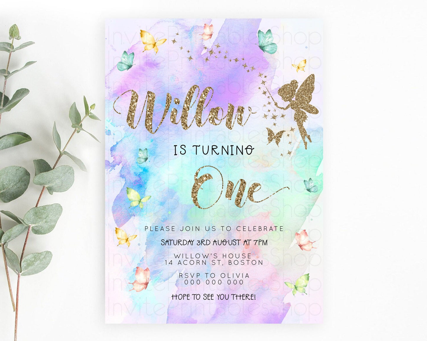 Pastel Fairy Birthday Invitation Pastel Butterflies Fairy Birthday Invitation Rainbow Ombre Watercolor 1st 2nd Birthday Invitation D23338