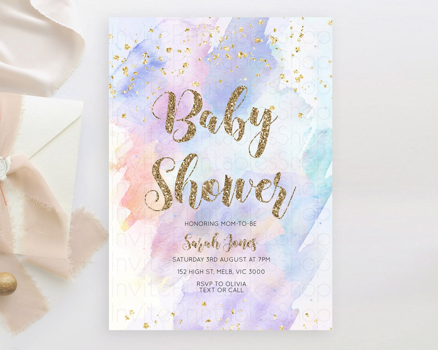 Pastel Baby Shower Invitation Rainbow Baby Shower Invitation Colorful Pastel Watercolor Invitation Gold Glitter Sprinkles Ombre D10583