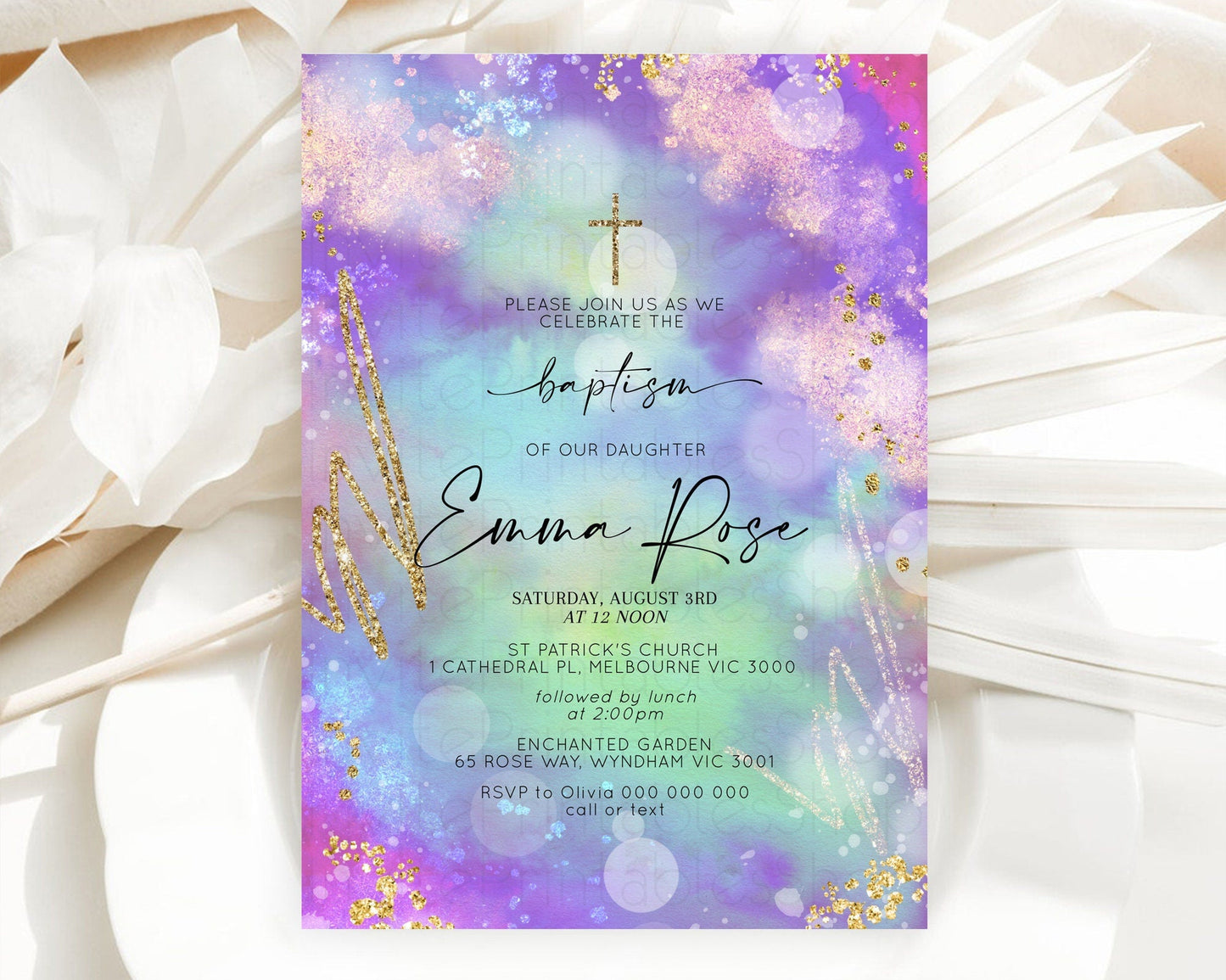 Pastel Baptism Invitation Pastel Colors Watercolor Baptism 1st Birthday Party Gold Ombre Pastel Rainbow Christening Holy Communion D10680