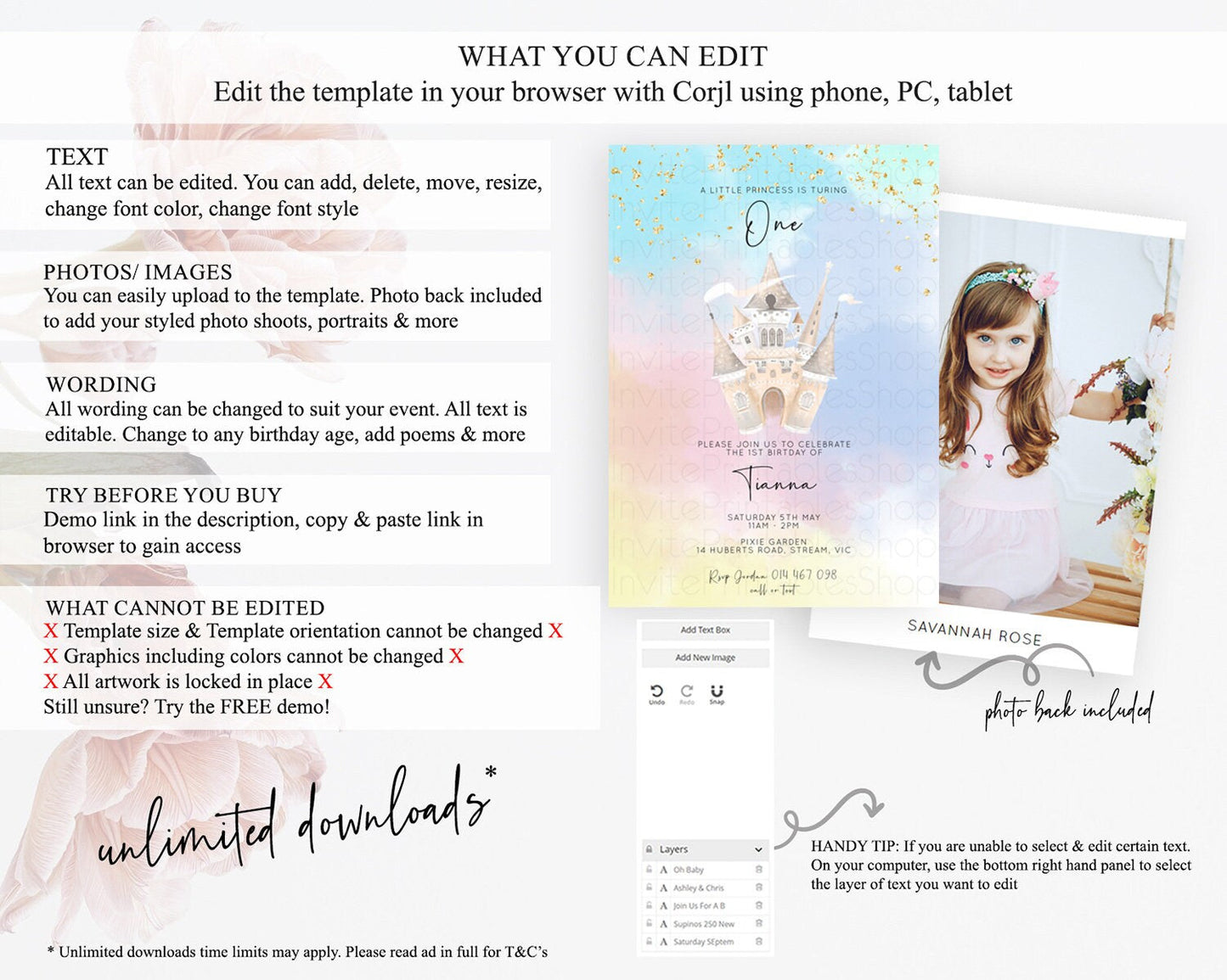 Princess Birthday Invitation Princess Invitation Pastel Invitation Royal Birthday Rainbow Color Enchanted Castle 1st First Birthday D10376