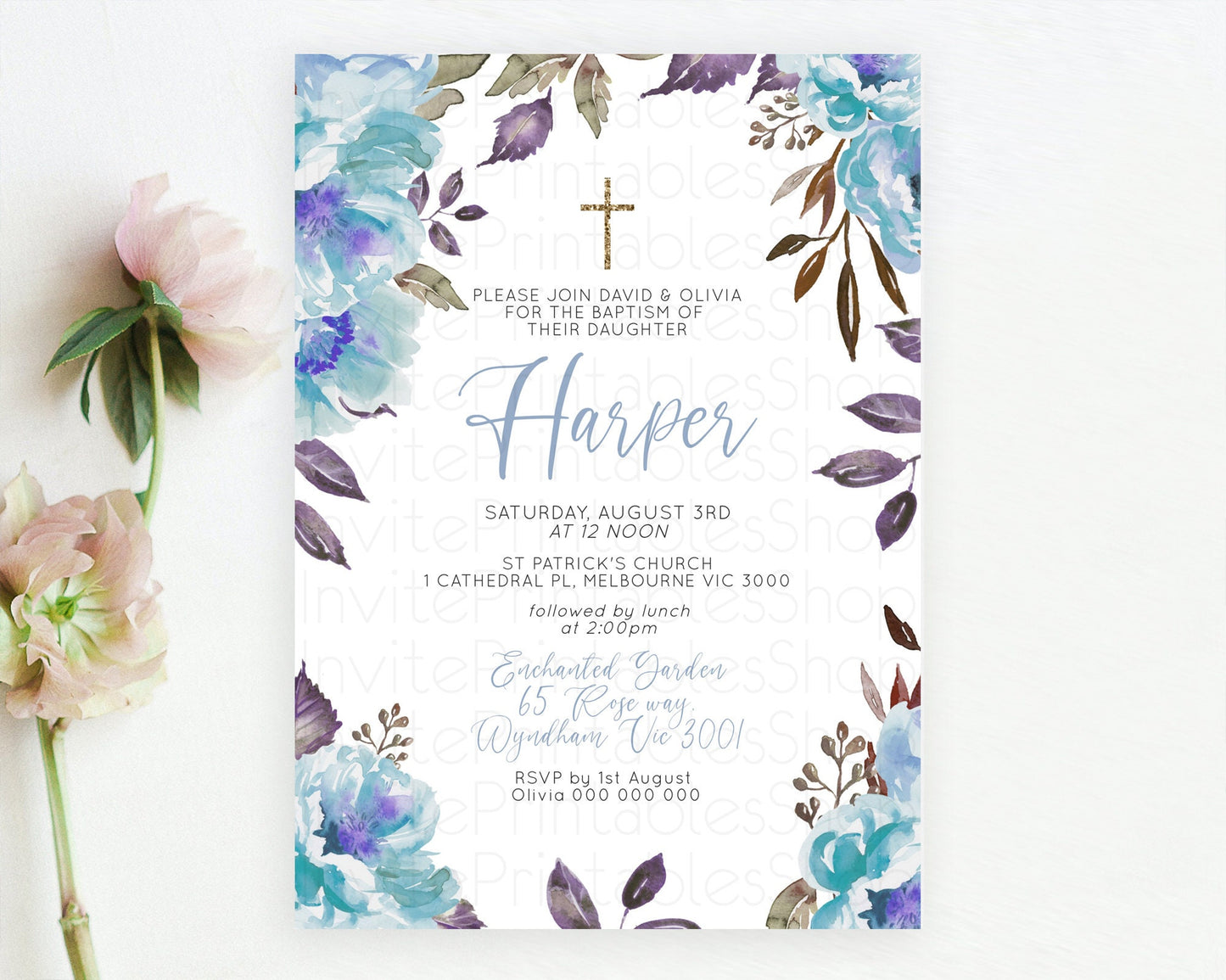 Secret Garden Baptism Invitation Wildflower Baptism Birthday Invite Pastel Flowers Christening Invite Enchanted Garden Boho Floral  D10730