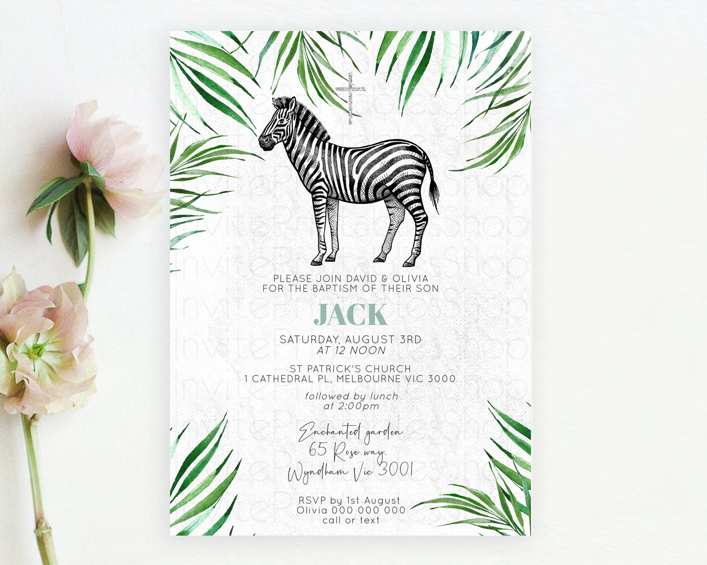 Zebra Baptism Invitation Zebra Baptism 1st Birthday Invitation Jungle Safari Christening Invite Watercolor Tropical Zoo Adventure D10844