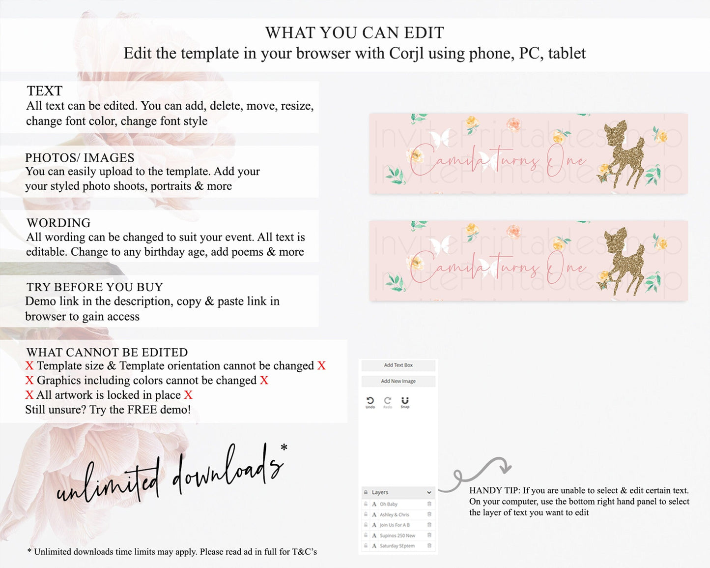 Fawn Deer Water Label Template Pastel Floral Deer Enchanted Forest Butterfly Party Decor Birthday Baptism Baby Shower Bridal Shower D10386