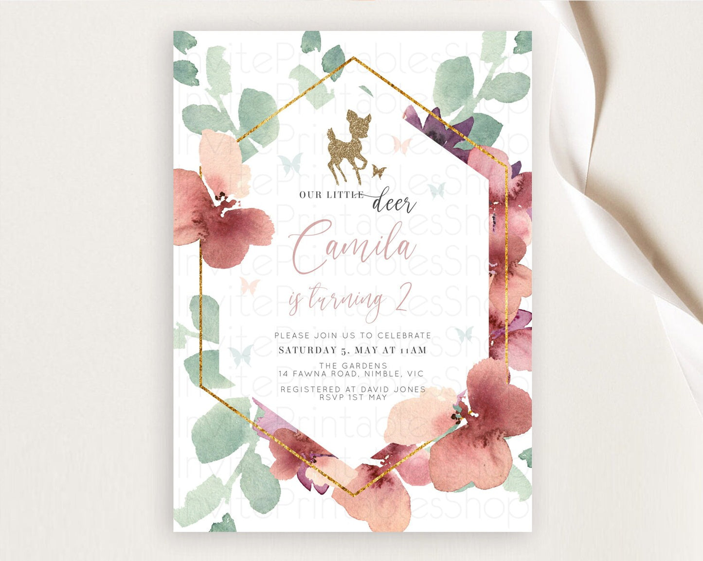 Fawn Birthday Invitation Deer Birthday Invitation Enchanted Forest Party Butterfly Pastel Flowers Whimsical 2nd 1st First Birthday D10459