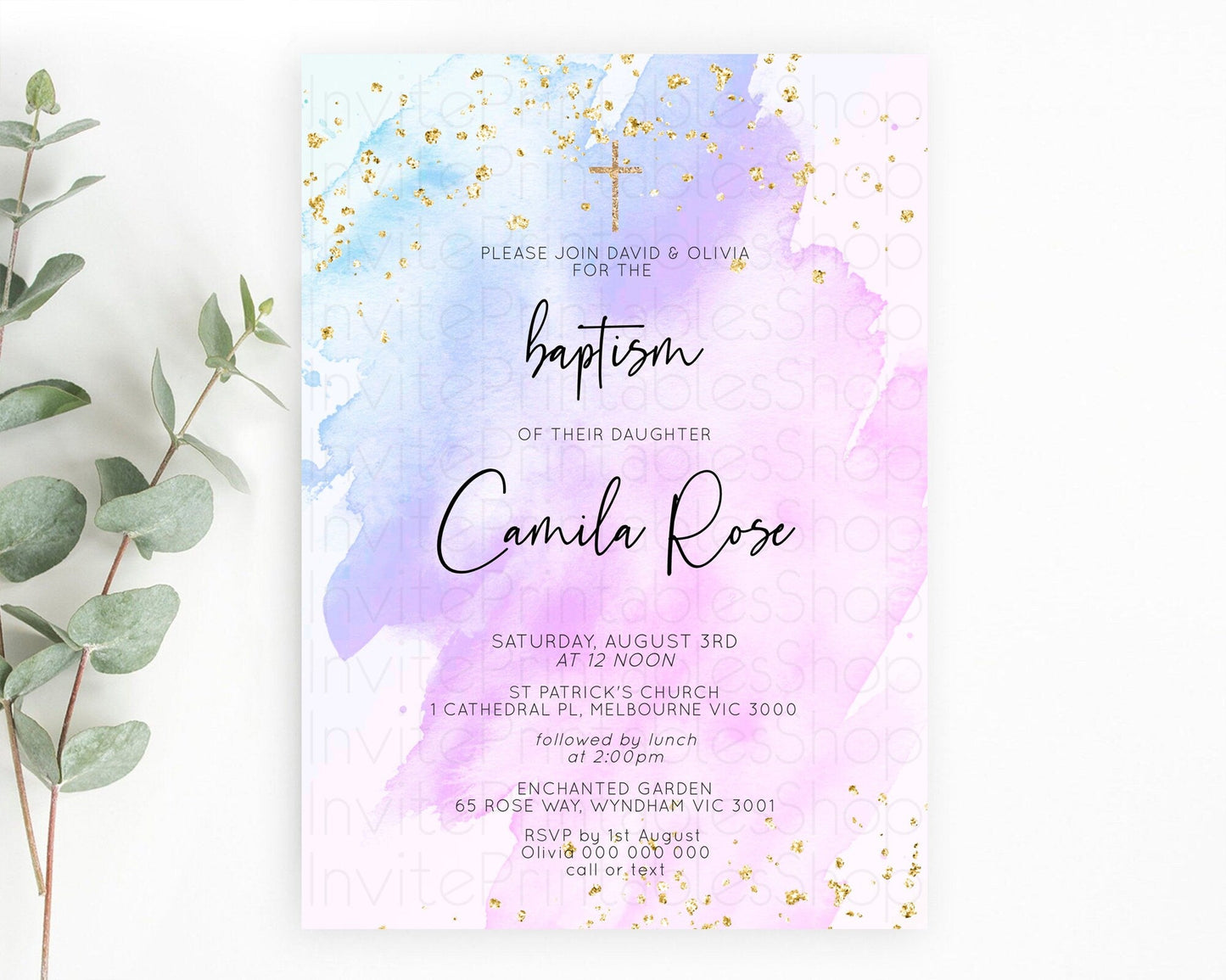 Purple Baptism Invitation Purple Watercolor Baptism Birthday Invitation Pastel Purple Watercolor Christening Invite Purple Splash D10169