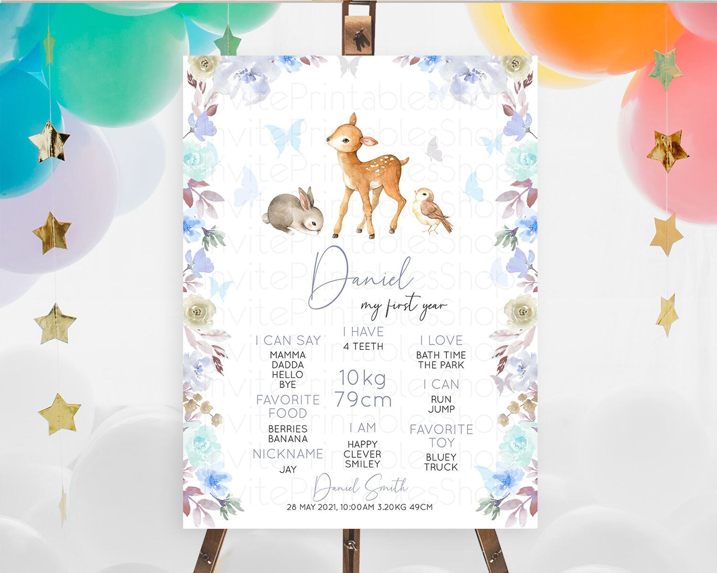 Fawn First Birthday Milestone Board Deer First Birthday Milestone Poster Enchanted Forest Butterfly Pastel Flowers 1st Birthday Sign D10929