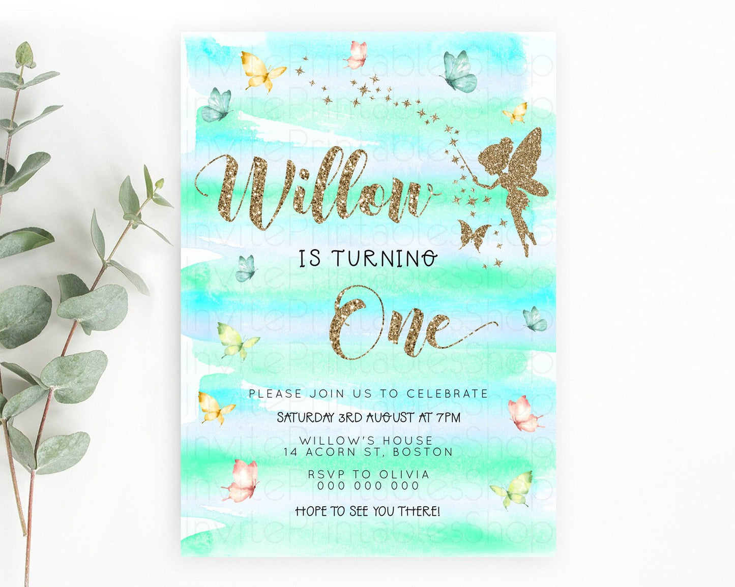 Pastel Fairy Birthday Invitation Pastel Butterflies Fairy Birthday Invitation Rainbow Ombre Watercolor 1st 2nd Birthday Invitation D23314