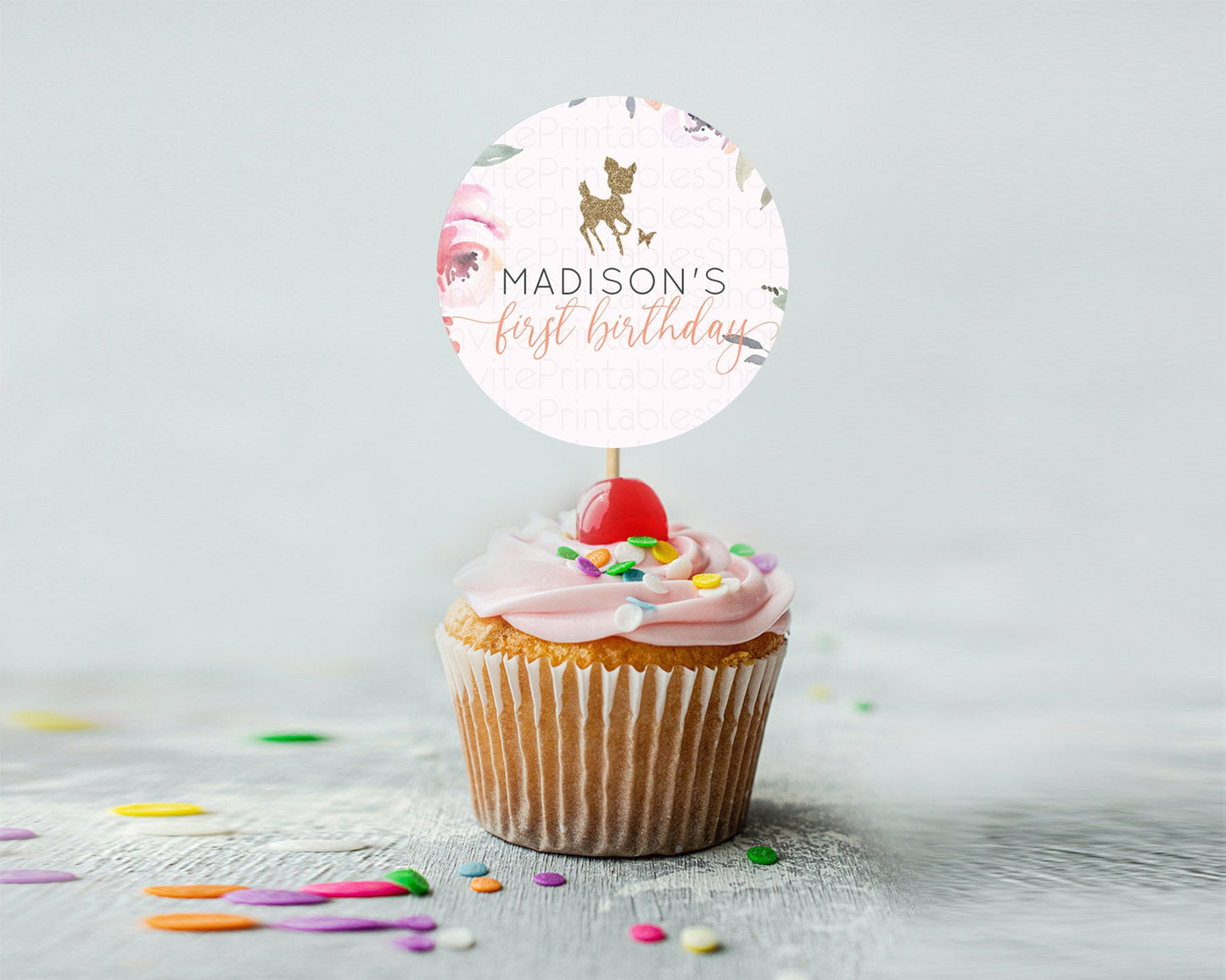 Fawn Cupcake Toppers Deer Cupcake Toppers Enchanted Forest Party Butterfly Pastel Flowers Woofland Cupcake Toppers First Birthday D10196