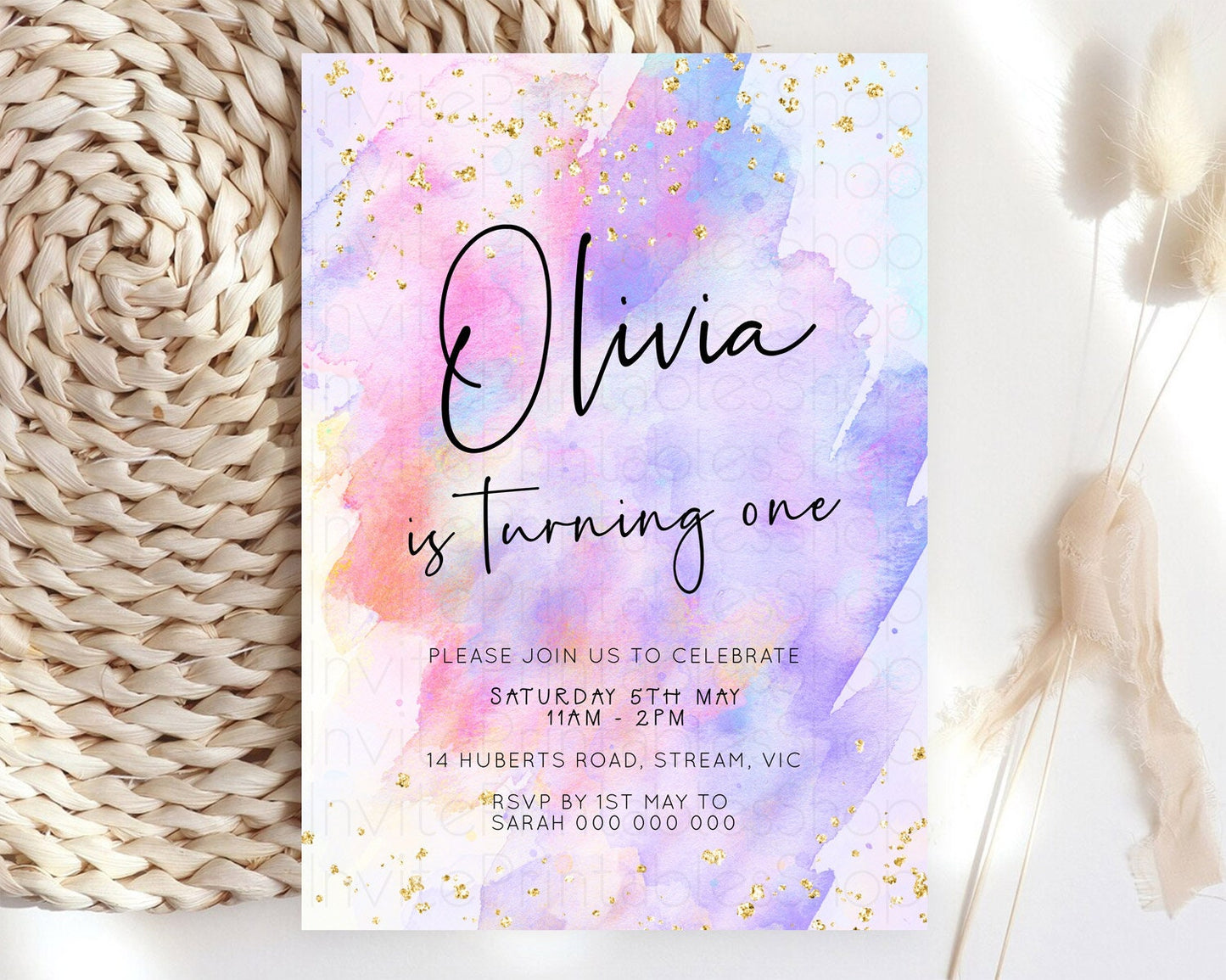 Pastel Birthday Invitation Ombre Watercolor Birthday Invitation Glitter Rainbow Color Splash 1st 2nd 3rd Birthday Invitation D23063