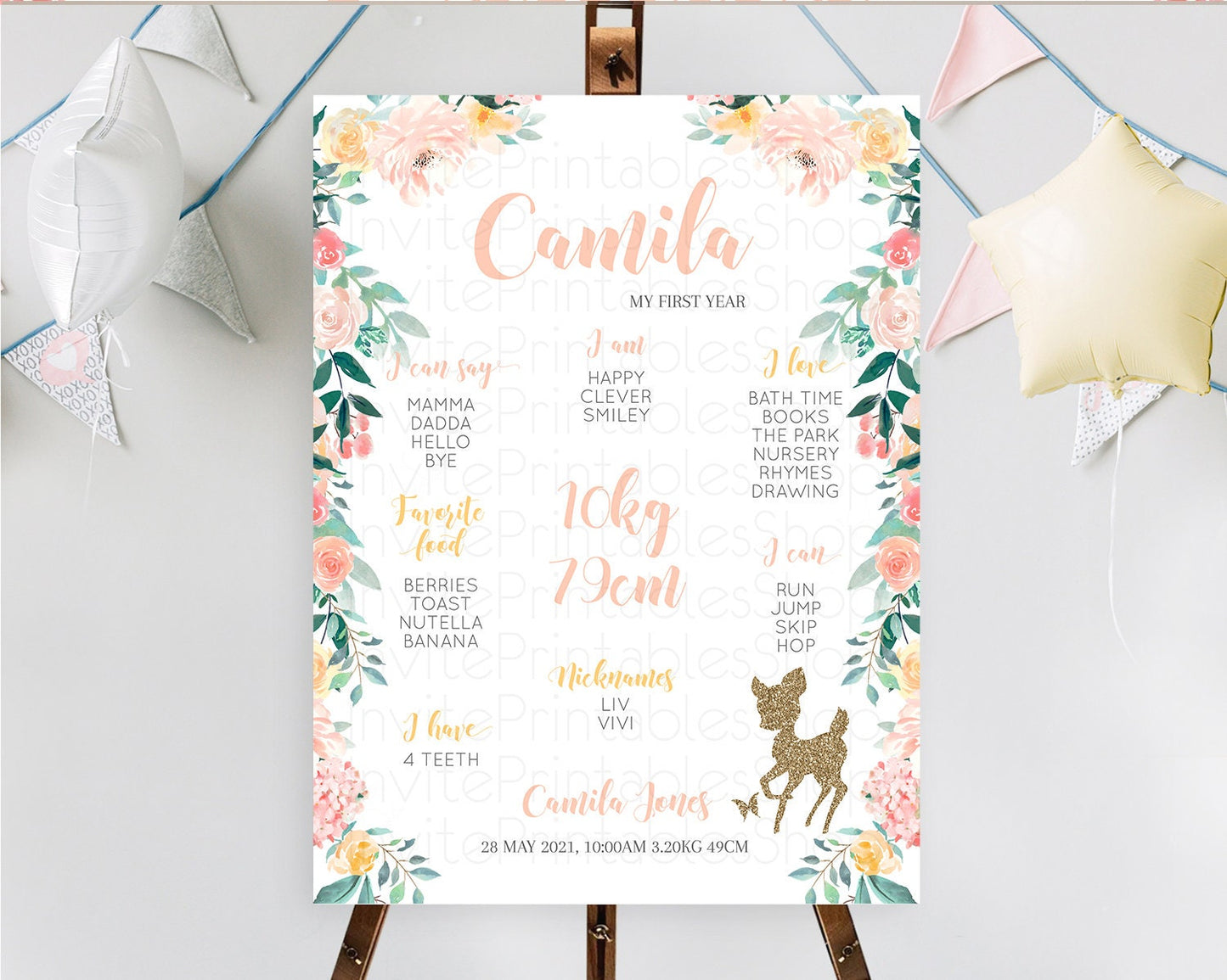 Fawn First Birthday Milestone Board Deer First Birthday Milestone Poster Enchanted Forest Butterfly Pastel Flowers 1st Birthday Sign D10874