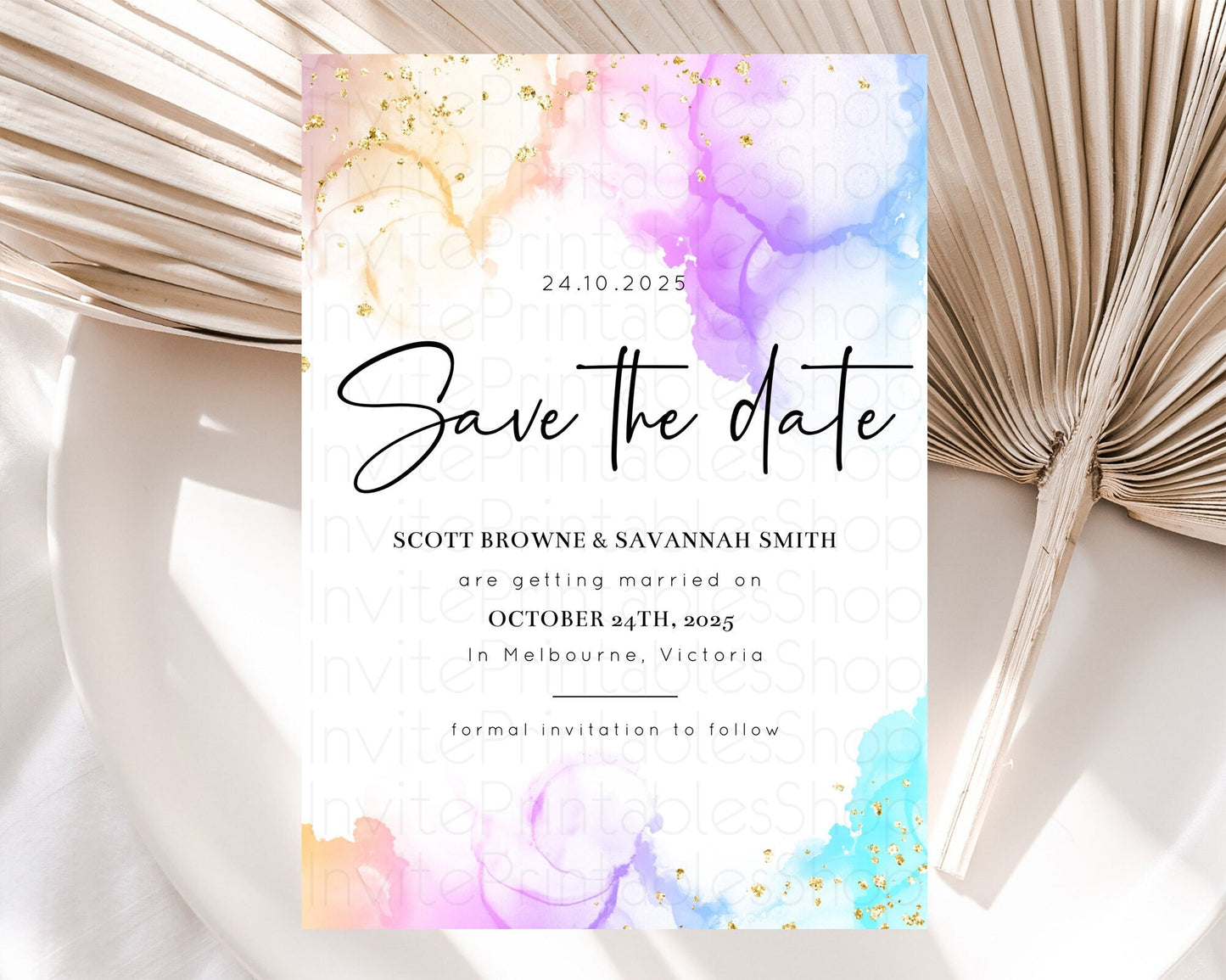 Pastel Save The Date Template Pastel Ombre Rainbow Watercolor Colorful Party For Birthday Baptism Baby Shower Wedding Bridal Shower D10180