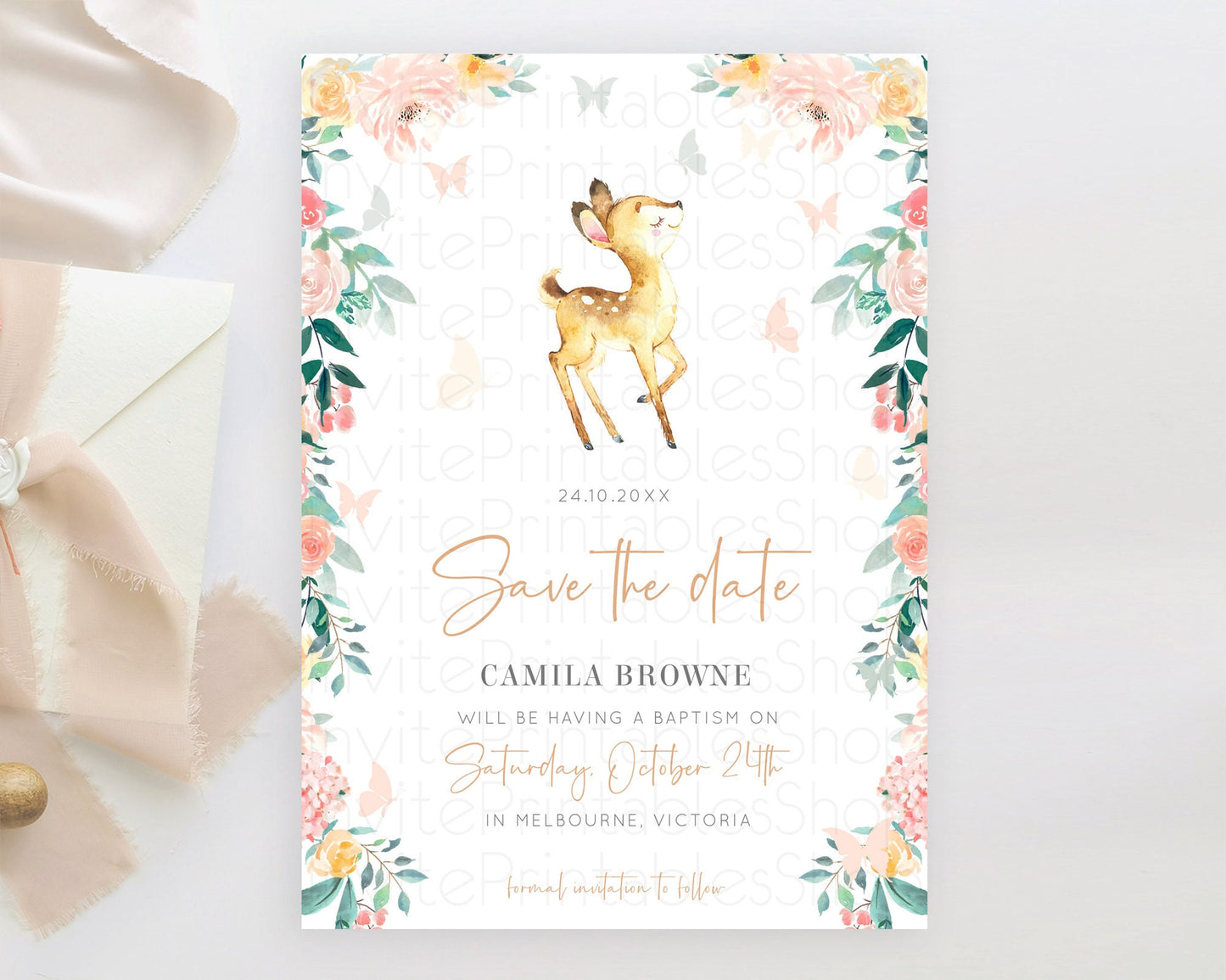 Fawn Deer Save The Date Template Pastel Floral Deer Enchanted Forest Butterfly Party 1st Birthday Baptism Baby Shower Bridal Shower D10753