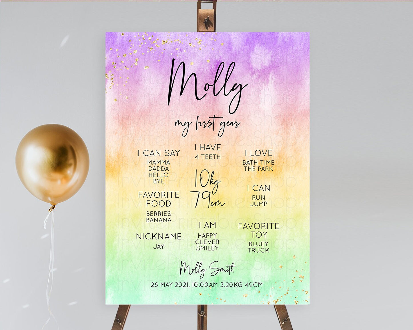 Pastel First Birthday Milestone Board Pastel Rainbow Milestone Poster Colorful Confetti Watercolor Glitter 1st Birthday Welcome Sign D10514