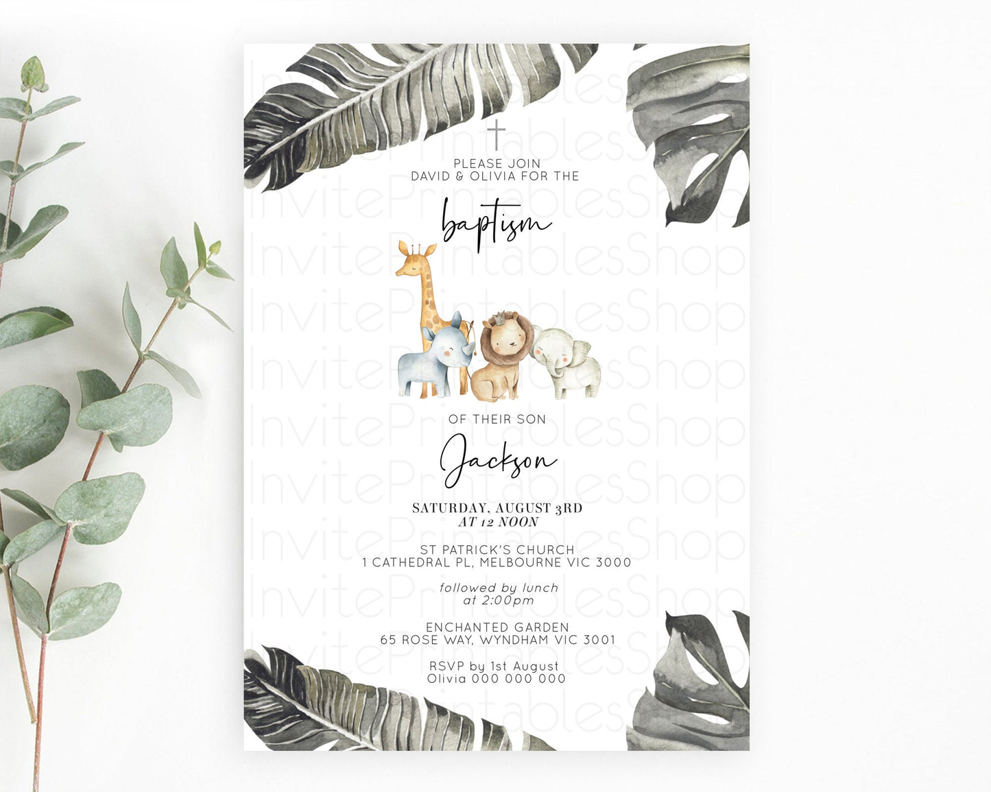 Safari Baptism Invitation Safari Adventure Baptism Birthday Invitation Lion Gorilla Elephant Rhino Tropical Palm Jungle Adventure D10599