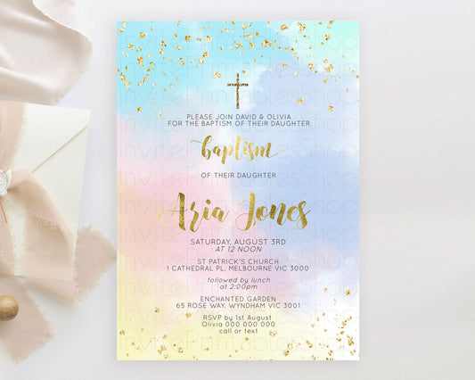 Editable Pastel Baptism Invitation Pastel Colors Watercolor Baptism 1st Birt