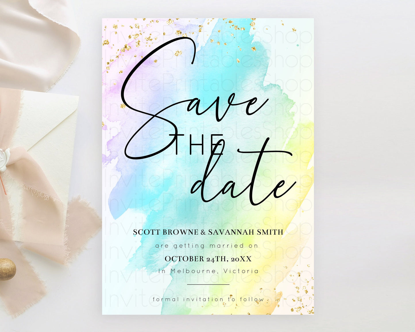 Pastel Save The Date Template Pastel Ombre Rainbow Watercolor Colorful Party For Birthday Baptism Baby Shower Wedding Bridal Shower D10773