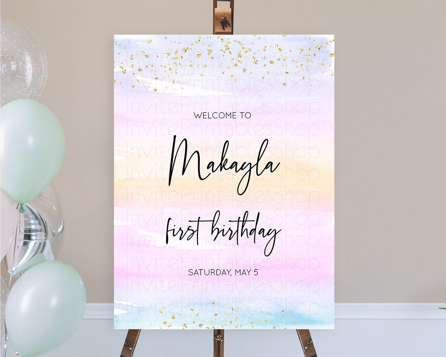 Pastel Welcome Sign Pastel Rainbow Welcome Sign Colorful Rainbow Confetti Watercolor Glitter Pastel First Birthday Welcome Sign D10594