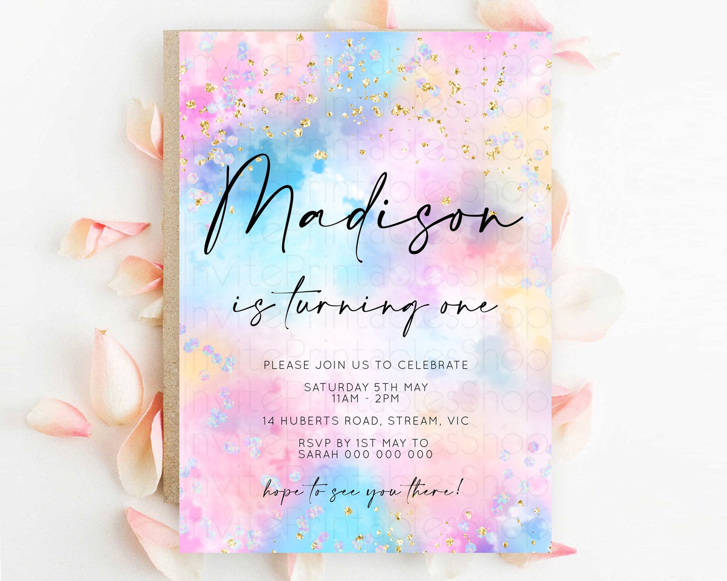 Rainbow Birthday Invitation Colorful Pastel Watercolor Invitation Gold Glitter Sprinkles Ombre Pastel 1st 2nd 3rd Birthday D10607