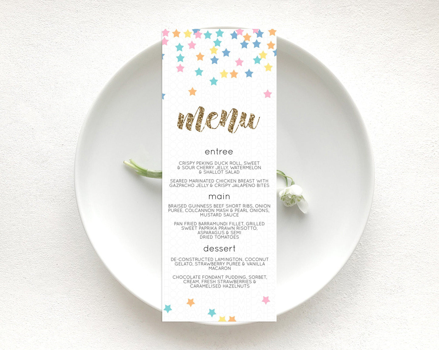 Star Menu Template Pastel Stars Menu Shooting Star Twinkle Little Star Decor Rainbow Colorful Confetti Dinner Dessert Food Menu D10298