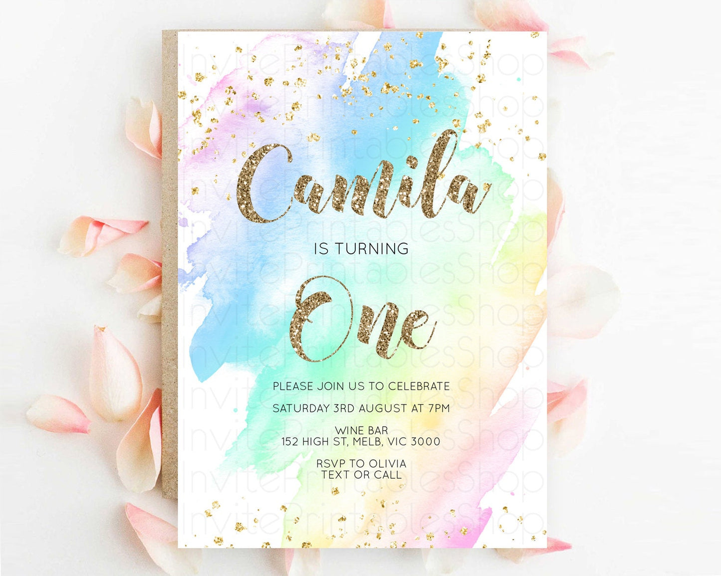Rainbow Birthday Invitation Colorful Pastel Watercolor Invitation Gold Glitter Sprinkles Ombre Pastel 1st 2nd 3rd Birthday D10637