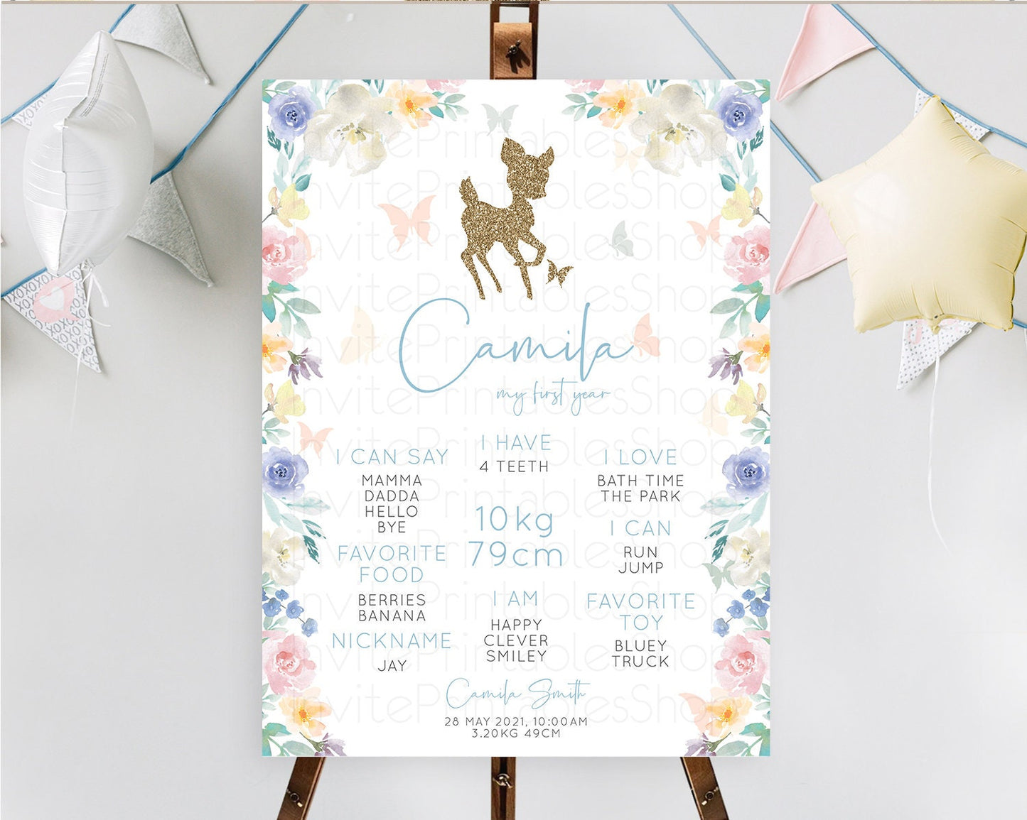 Fawn First Birthday Milestone Board Deer First Birthday Milestone Poster Enchanted Forest Butterfly Pastel Flowers 1st Birthday Sign D10878