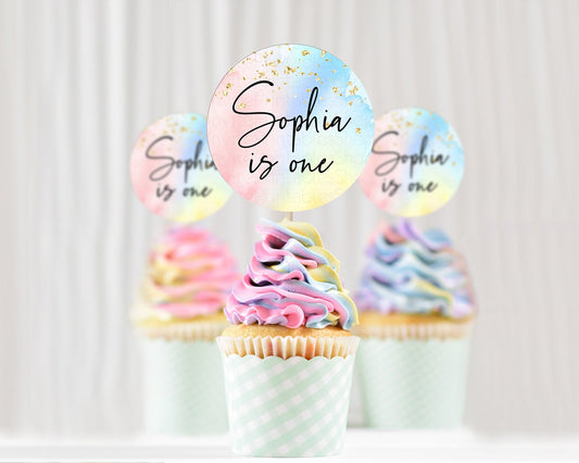 Editable Rainbow Cupcake Toppers Pastel Cupcake Toppers Colorful Pastel Wate