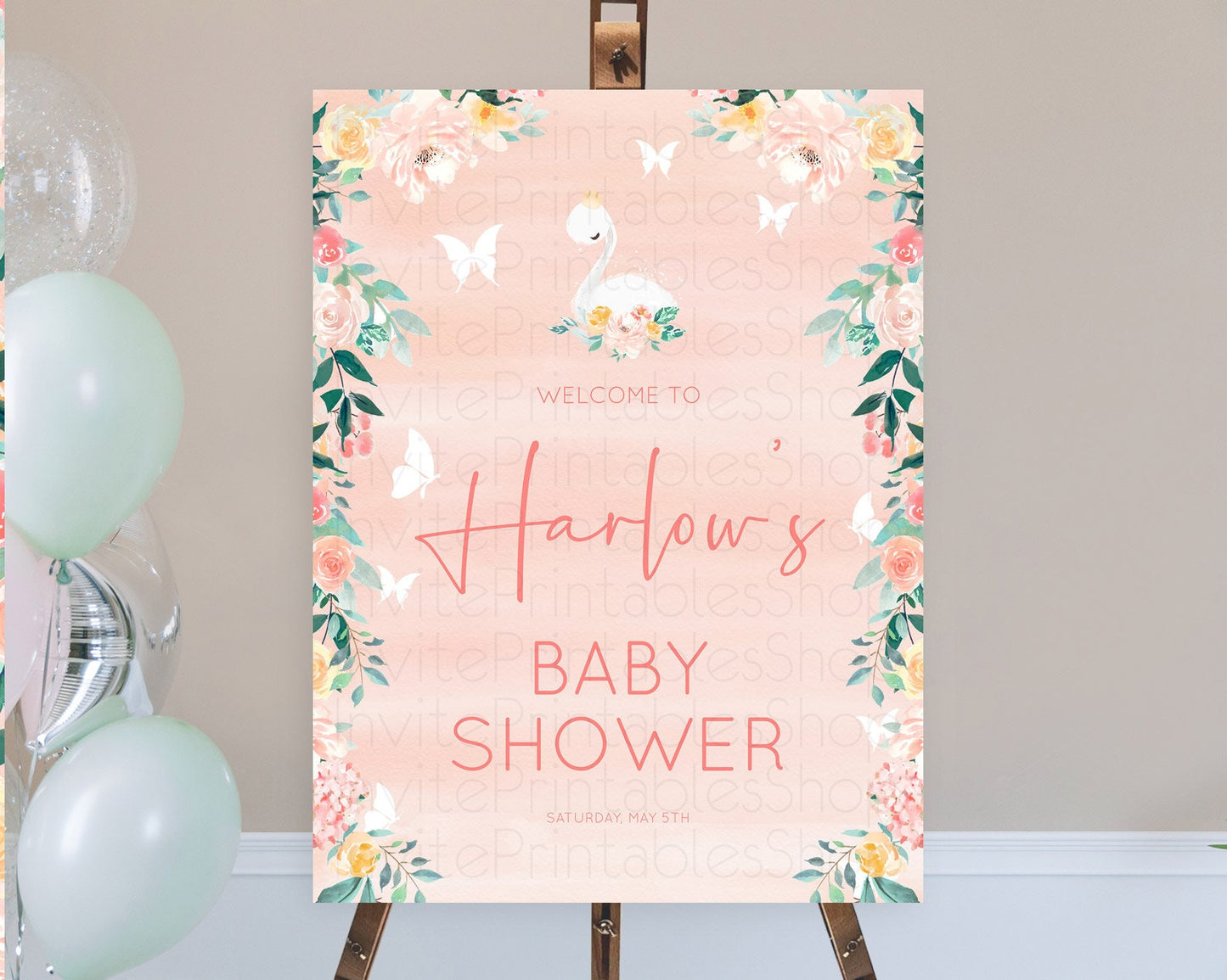 Swan Baby Shower Welcome Board Swan Princess Ballet Welcome Sign Enchanted Swan Lake Secret Garden Pastel Floral Swan Welcome Sign D10884