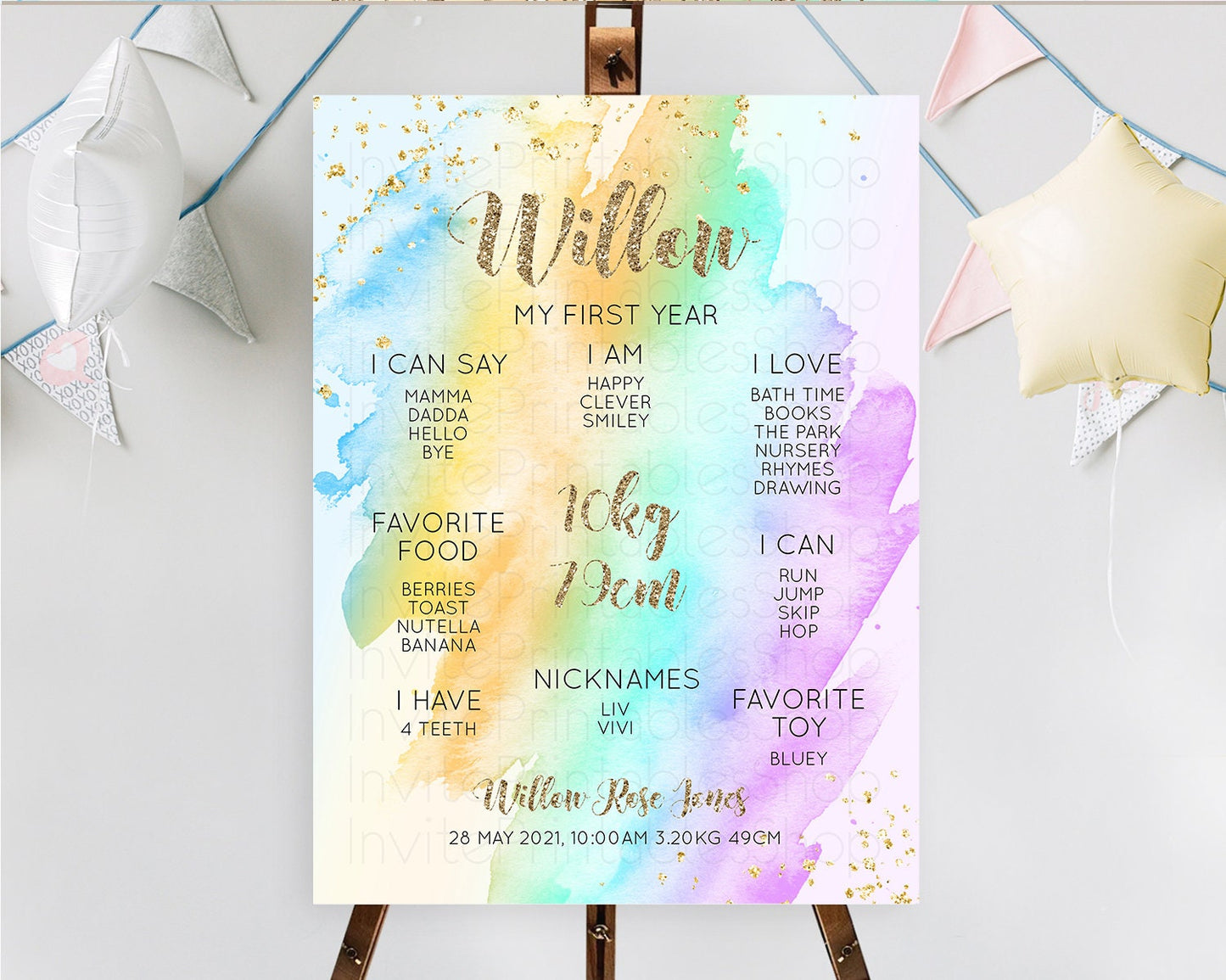 Pastel First Birthday Milestone Board Pastel Rainbow Milestone Poster Colorful Confetti Watercolor Glitter 1st Birthday Welcome Sign D10426