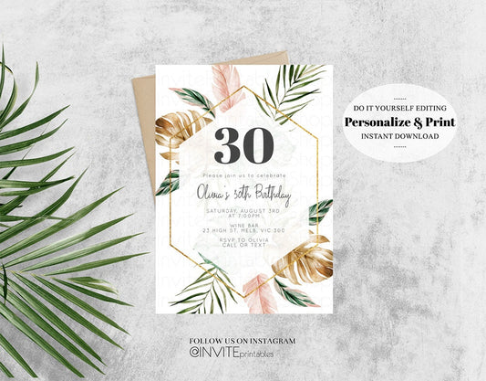 30th Tropical Birthday Invitation Tropical Invite Fan Palm Banana Leaf Hawaii Floral Bouquet Greenery Gold Pink Grey Watercolor hpt34