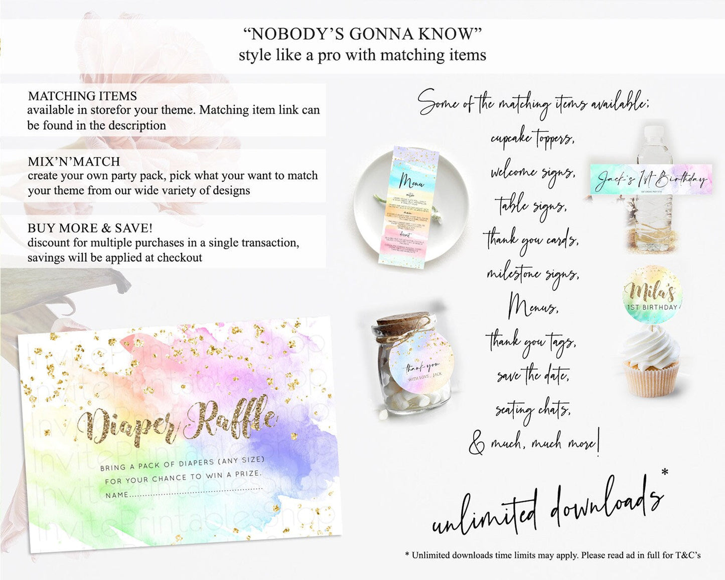 Pastel Diaper Raffle Card Pastel Rainbow Diaper Raffle Insert Colorful Ombre Watercolor Diaper Ticket Confetti Glitter Raffle Game D10319