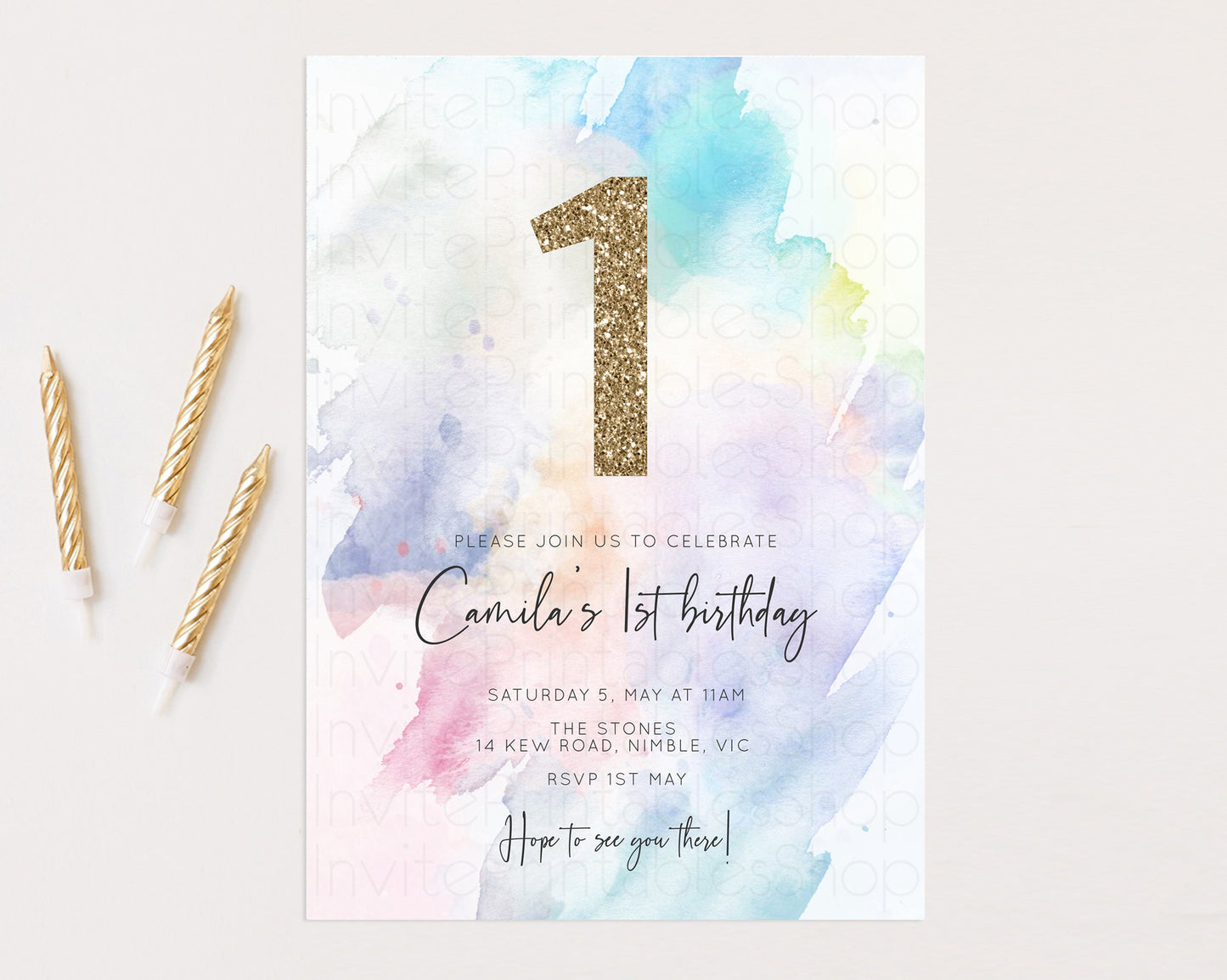 Rainbow Birthday Invitation Pastel Birthday Invite Ombre Watercolor Invite Enchanted Theme Colorful Splash Glitter Sprinkles 1st 2nd 3rd