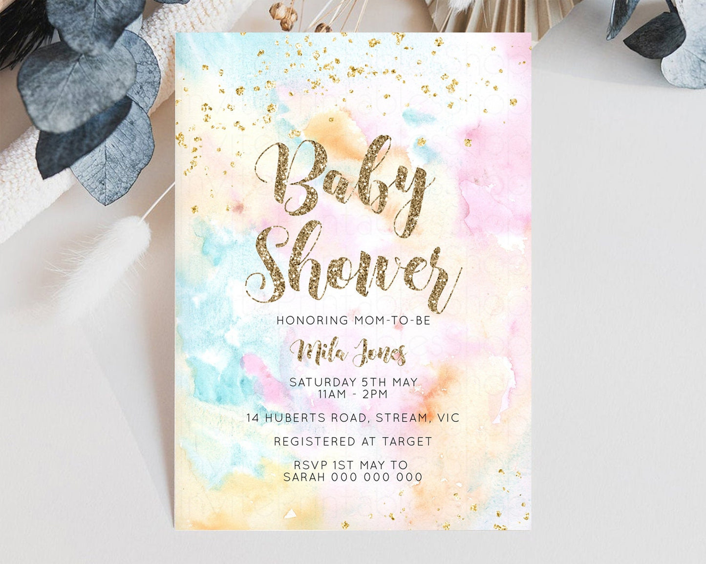 Rainbow Baby Shower Invitation Pastel Watercolor Invitation Colorful Splash Gold Splatter Glitter Foil Sprinkles Confetti Editable G566